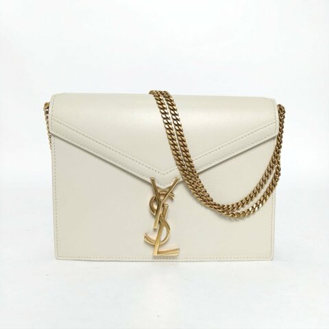 SAINT LAURENT CASSANDRA信封鏈條包22光面米白色牛皮金扣肩背包
