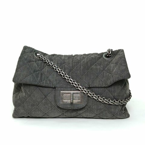 CHANEL 深灰色牛仔13開銀扣2.55丹寧布XXL機場包肩背包