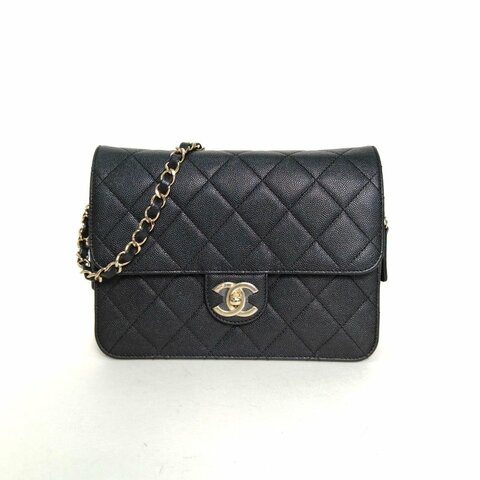 CHANEL 黑色荔枝牛皮晶片開金扣22C早春內拉鏈口蓋包肩背包