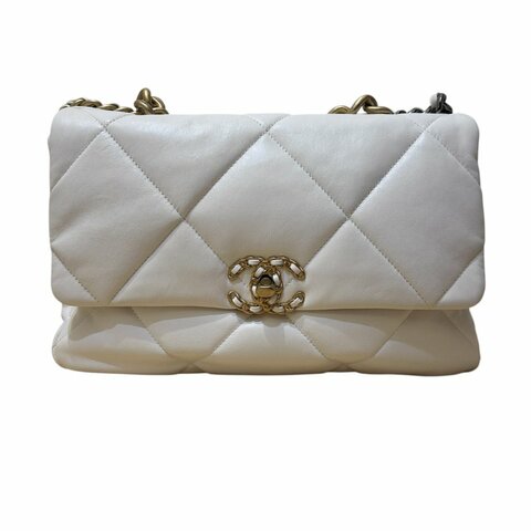 CHANEL白色菱格羊皮19雙色鏈袋手提/肩背包-30公分