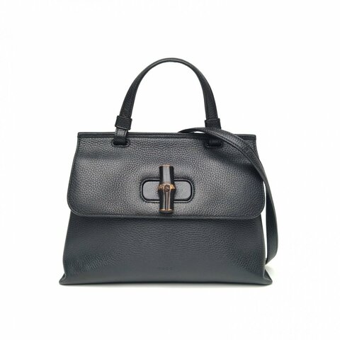 GUCCI 黑色牛皮銀扣Bamboodaily竹節扣手提斜挎包肩背包