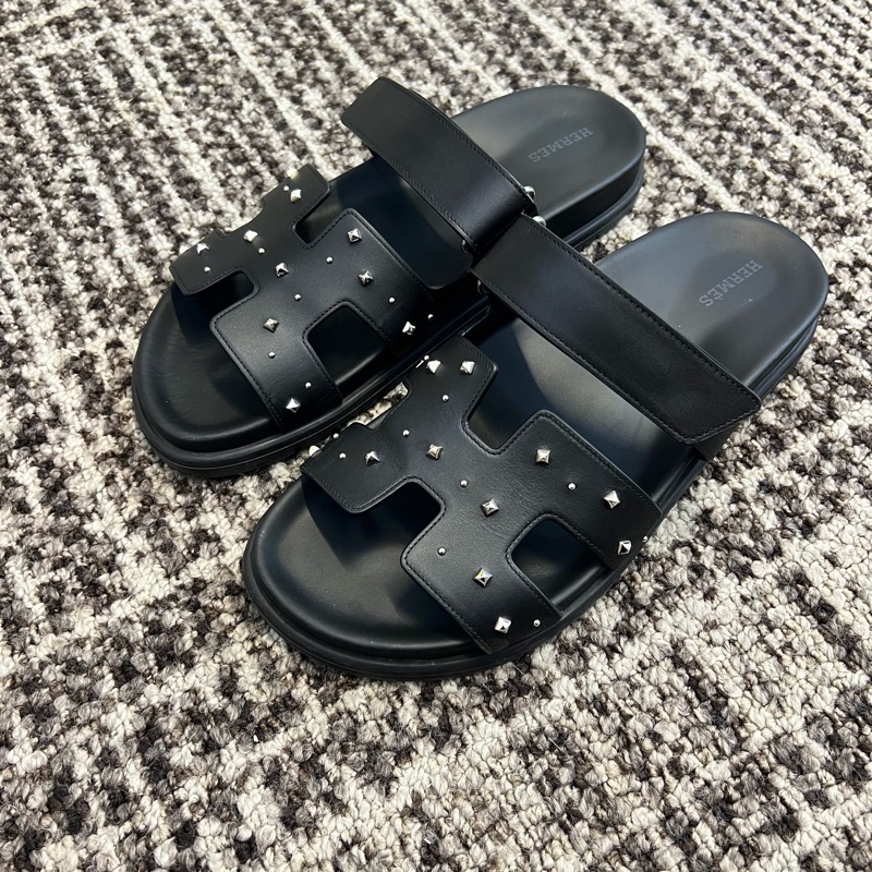 HERMES愛馬仕 Chypre 小牛皮 H型新款鉚釘二舅 一字拖鞋 女款 黑色 40碼-3