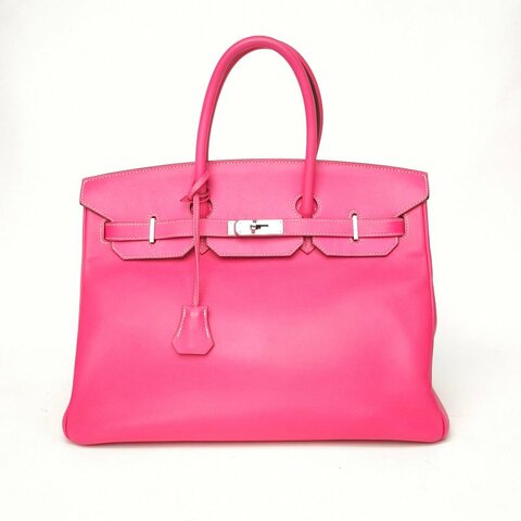 HERMES Birkin35E5糖果粉拼B5寶石紅Epsom皮框O銀扣肩背包