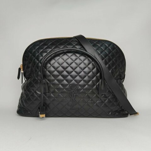 SAINT LAURENT 黑色牛皮金扣ES絎縫黑金菱格旅行袋機場包肩背包