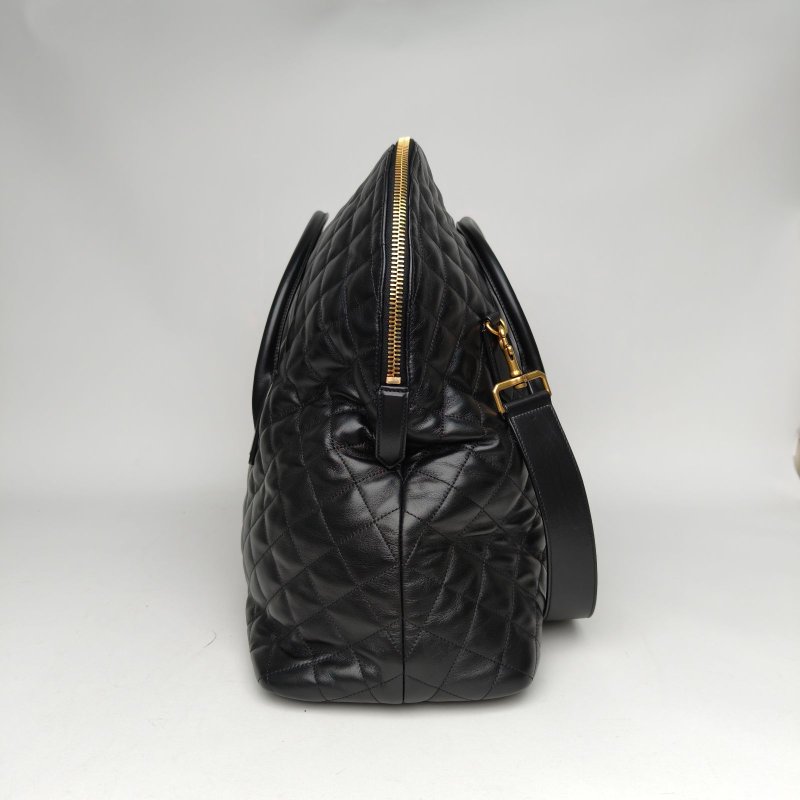 SAINT LAURENT 黑色牛皮金扣ES絎縫黑金菱格旅行袋機場包肩背包-1