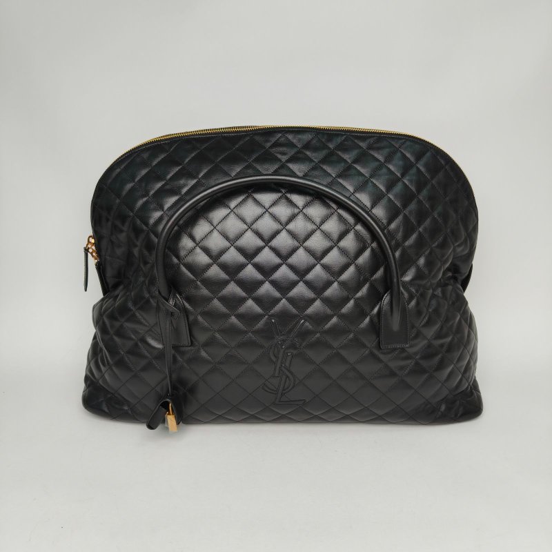 SAINT LAURENT 黑色牛皮金扣ES絎縫黑金菱格旅行袋機場包肩背包-4