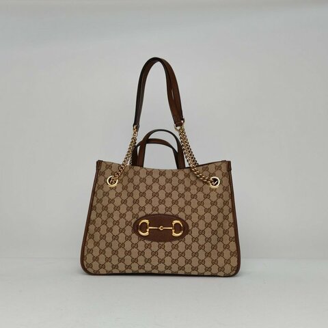 GUCCI 卡其色帆布金扣1955馬銜扣托特包肩背包