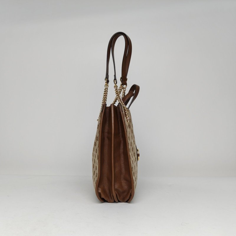 GUCCI 卡其色帆布金扣1955馬銜扣托特包肩背包-3
