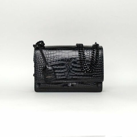 SAINT LAURENT SUNSET日落包中號22鱷魚壓紋黑色牛皮黑扣肩背包