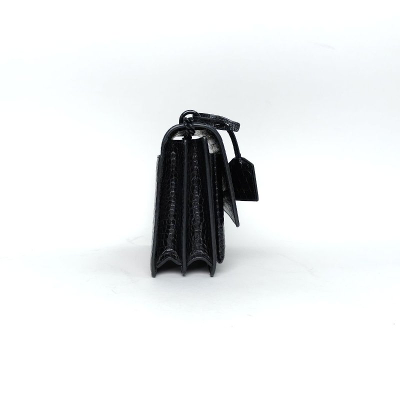 SAINT LAURENT SUNSET日落包中號22鱷魚壓紋黑色牛皮黑扣肩背包-3