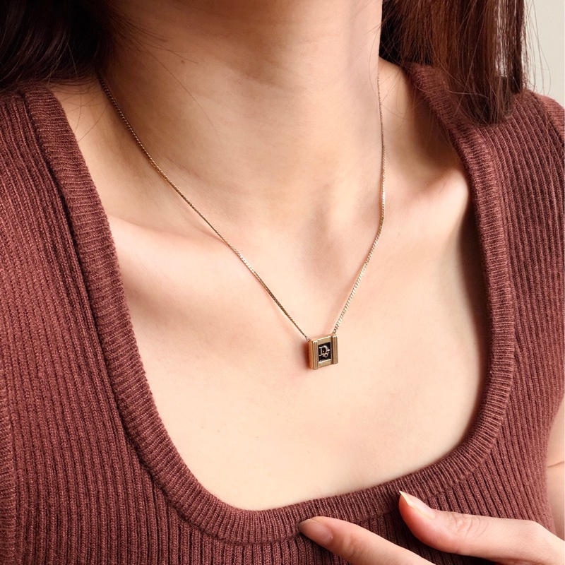 Christian Dior 迪奧鍍金琺瑯方牙項鏈 頸鍊 黑色-1