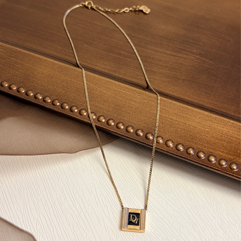 Christian Dior 迪奧鍍金琺瑯方牙項鏈 頸鍊 黑色-2