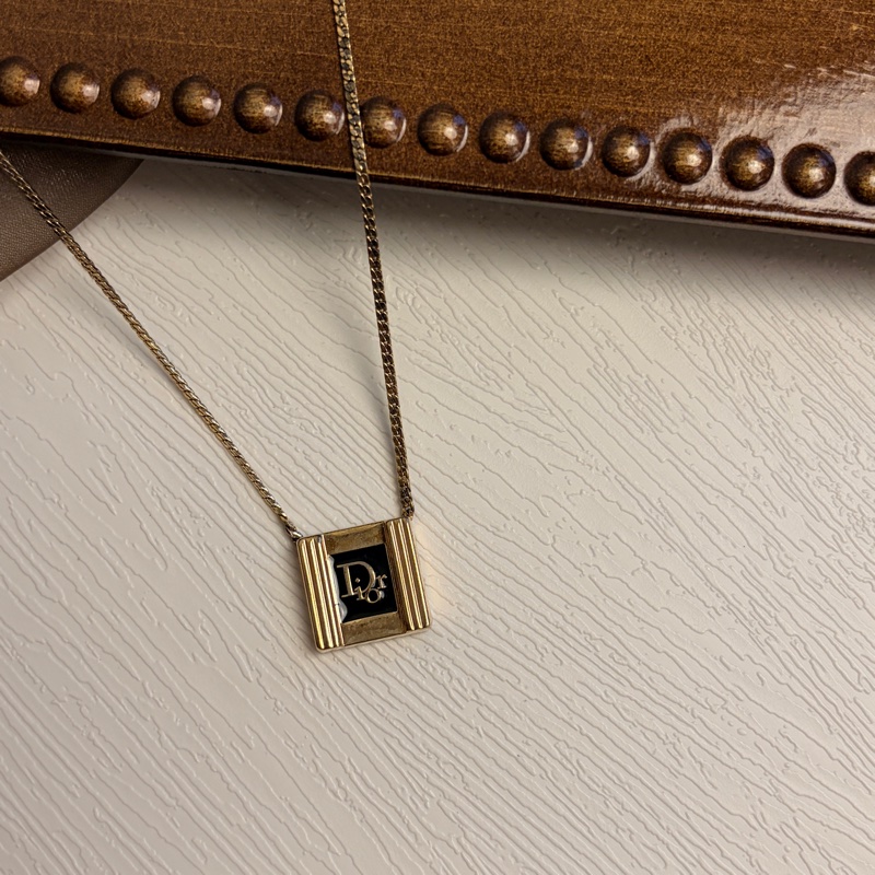 Christian Dior 迪奧鍍金琺瑯方牙項鏈 頸鍊 黑色-3