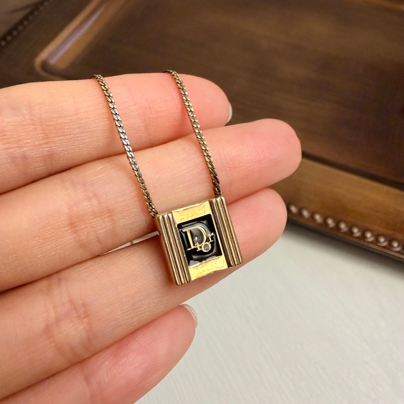 Christian Dior 迪奧鍍金琺瑯方牙項鏈 頸鍊 黑色-4