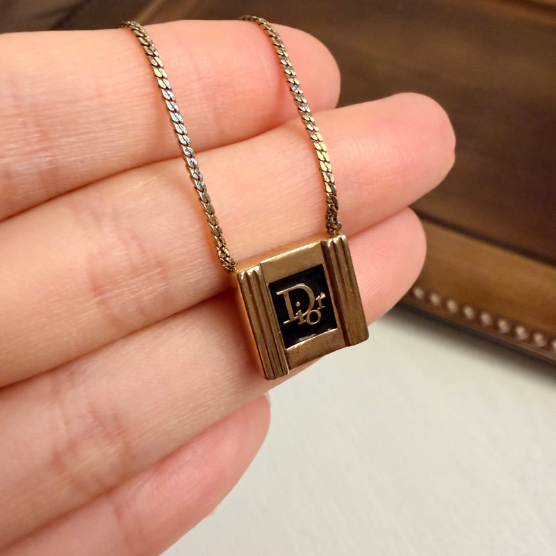 Christian Dior 迪奧鍍金琺瑯方牙項鏈 頸鍊 黑色-5