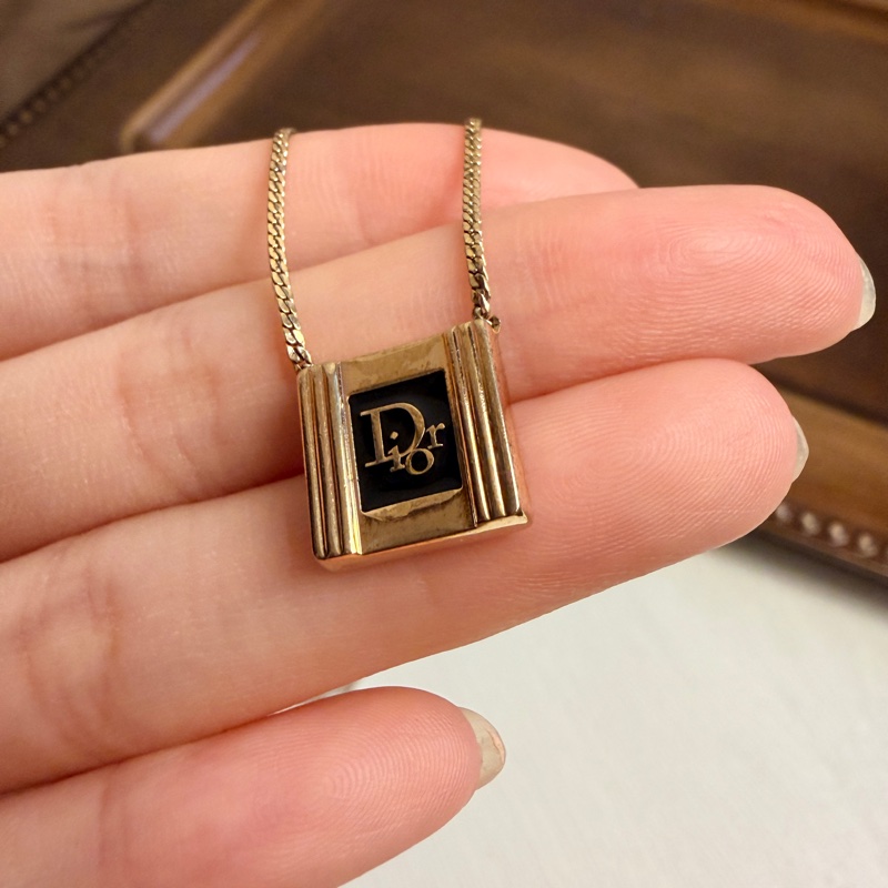 Christian Dior 迪奧鍍金琺瑯方牙項鏈 頸鍊 黑色-6