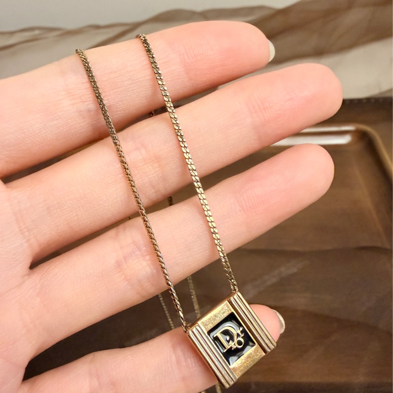 Christian Dior 迪奧鍍金琺瑯方牙項鏈 頸鍊 黑色-17