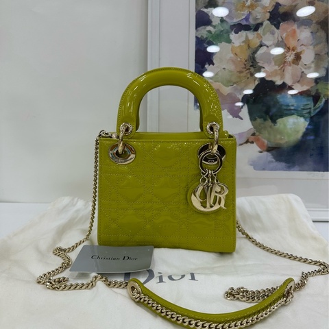 Dior 迪奧戴妃 三格 青檸漆皮金扣手提包單肩包 底長17 21年