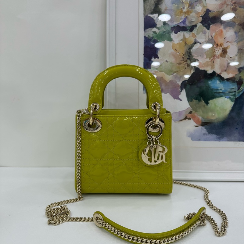 Dior 迪奧戴妃 三格 青檸漆皮金扣手提包單肩包 底長17 21年-1