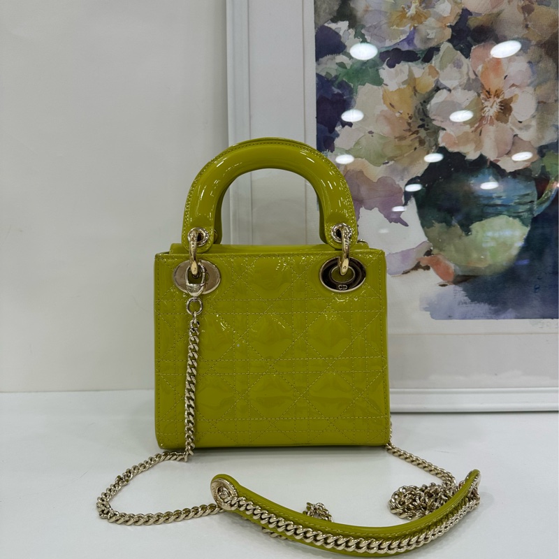 Dior 迪奧戴妃 三格 青檸漆皮金扣手提包單肩包 底長17 21年-2