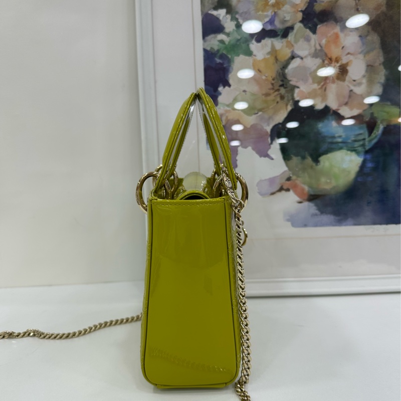 Dior 迪奧戴妃 三格 青檸漆皮金扣手提包單肩包 底長17 21年-3