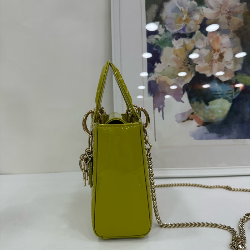 Dior 迪奧戴妃 三格 青檸漆皮金扣手提包單肩包 底長17 21年-4