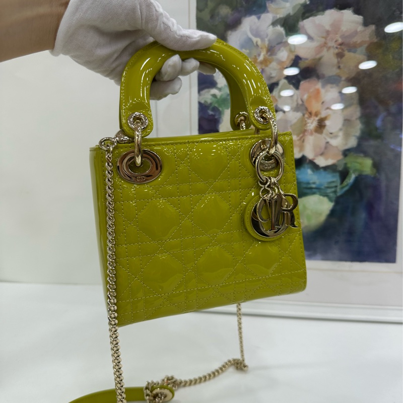 Dior 迪奧戴妃 三格 青檸漆皮金扣手提包單肩包 底長17 21年-5