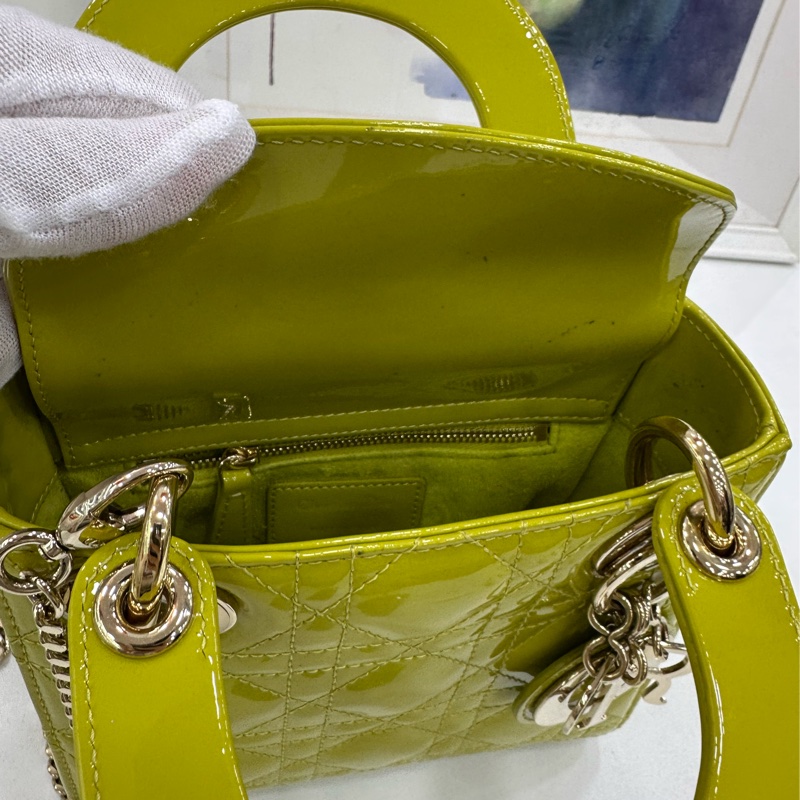 Dior 迪奧戴妃 三格 青檸漆皮金扣手提包單肩包 底長17 21年-6