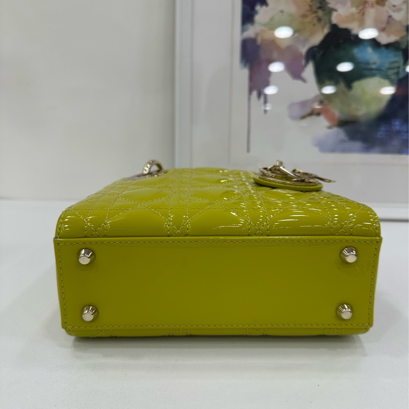 Dior 迪奧戴妃 三格 青檸漆皮金扣手提包單肩包 底長17 21年-8