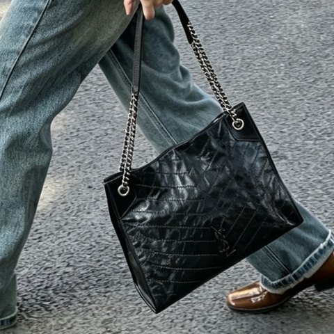 YSL聖羅蘭黑色油蠟皮Niki shopping bag中號托特包單肩手提包