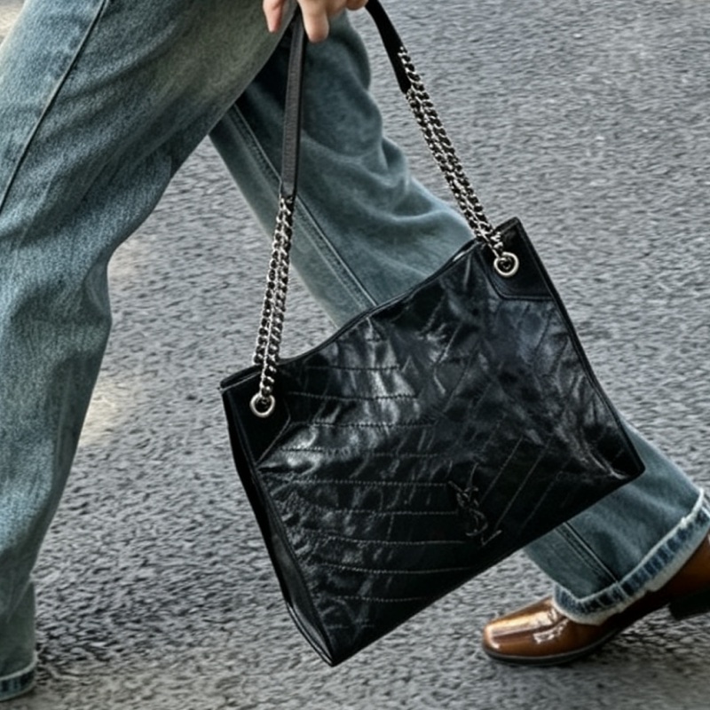 YSL聖羅蘭黑色油蠟皮Niki shopping bag中號托特包單肩手提包-0