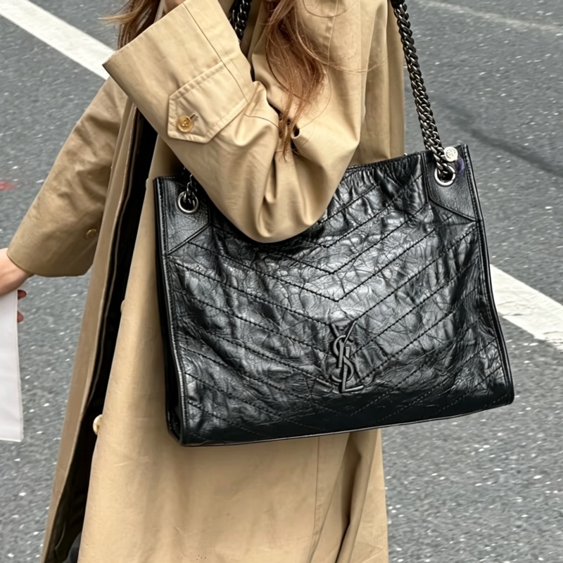 YSL聖羅蘭黑色油蠟皮Niki shopping bag中號托特包單肩手提包-2