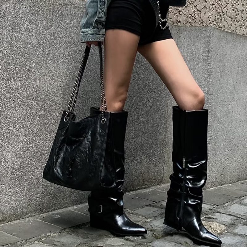 YSL聖羅蘭黑色油蠟皮Niki shopping bag中號托特包單肩手提包-4