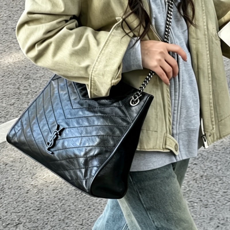 YSL聖羅蘭黑色油蠟皮Niki shopping bag中號托特包單肩手提包-5