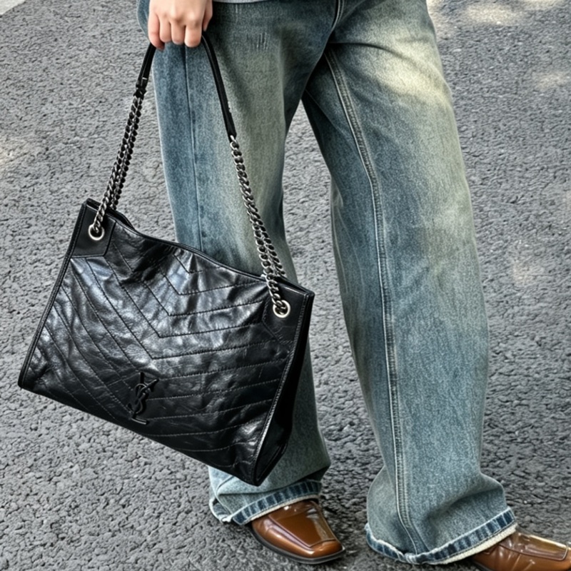 YSL聖羅蘭黑色油蠟皮Niki shopping bag中號托特包單肩手提包-9
