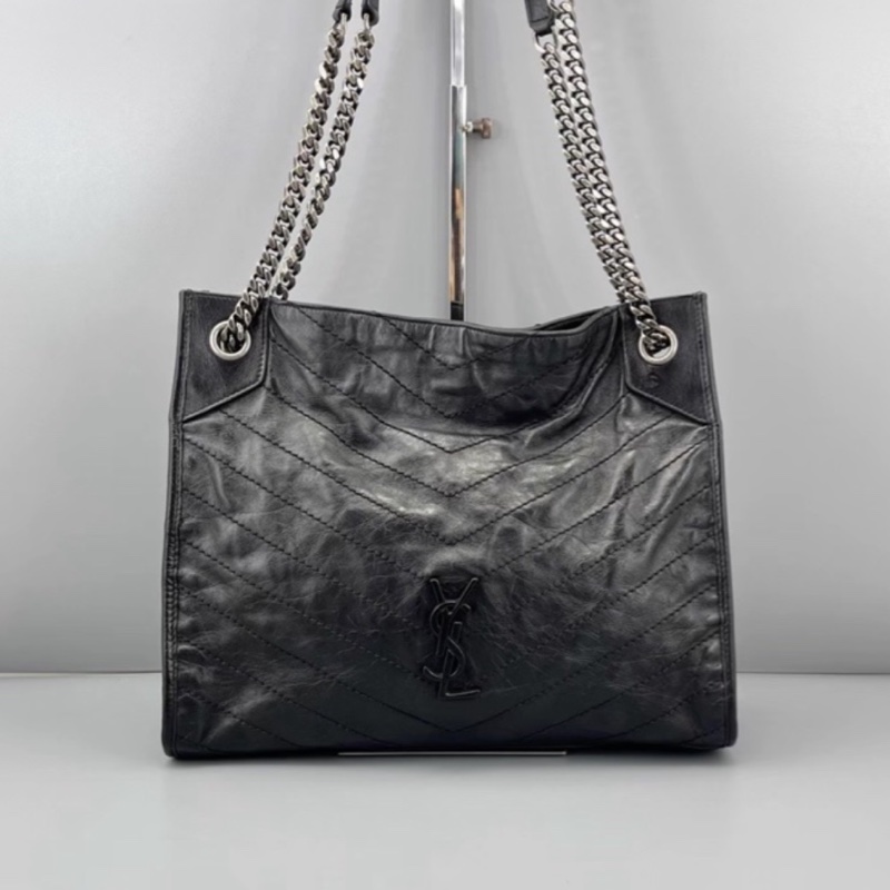 YSL聖羅蘭黑色油蠟皮Niki shopping bag中號托特包單肩手提包-11