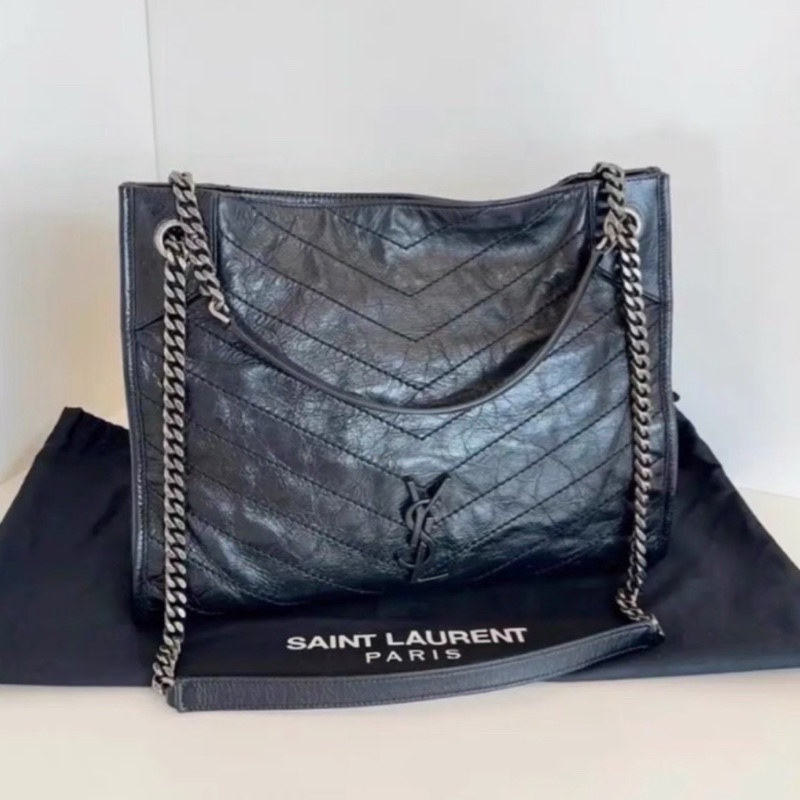 YSL聖羅蘭黑色油蠟皮Niki shopping bag中號托特包單肩手提包-18