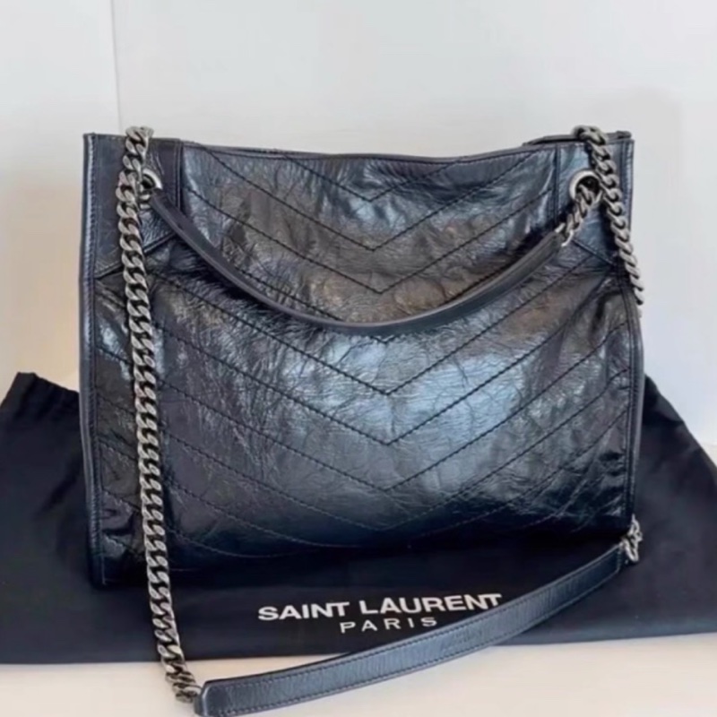 YSL聖羅蘭黑色油蠟皮Niki shopping bag中號托特包單肩手提包-19