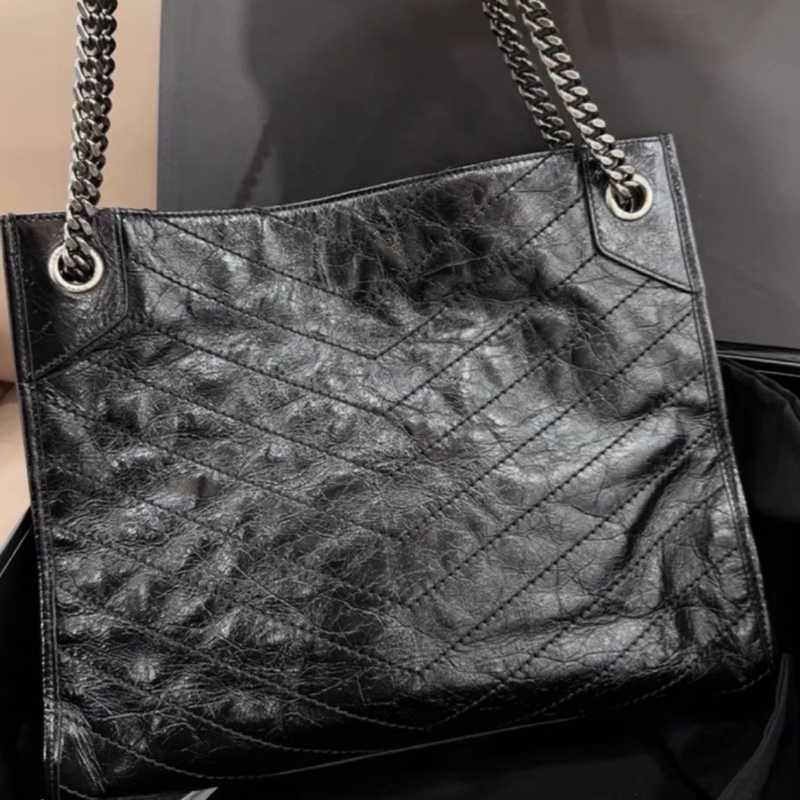 YSL聖羅蘭黑色油蠟皮Niki shopping bag中號托特包單肩手提包-23