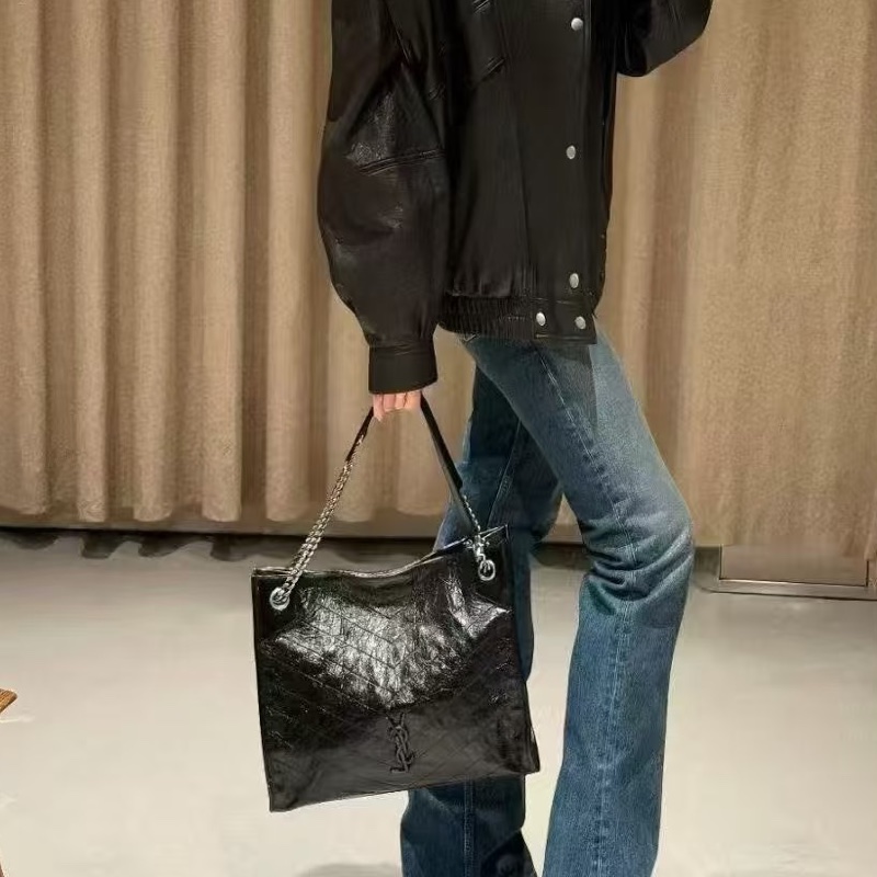 YSL聖羅蘭黑色油蠟皮Niki shopping bag中號托特包單肩手提包-28