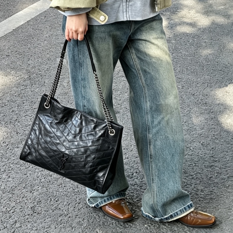 YSL聖羅蘭黑色油蠟皮Niki shopping bag中號托特包單肩手提包-29