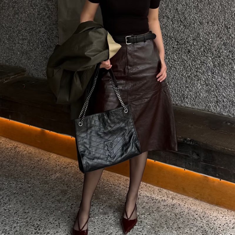 YSL聖羅蘭黑色油蠟皮Niki shopping bag中號托特包單肩手提包-30