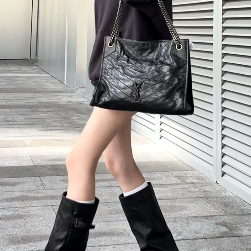 YSL聖羅蘭黑色油蠟皮Niki shopping bag中號托特包單肩手提包-34