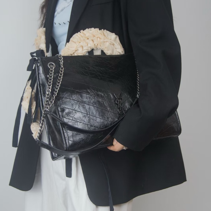 YSL聖羅蘭黑色油蠟皮Niki shopping bag中號托特包單肩手提包-35