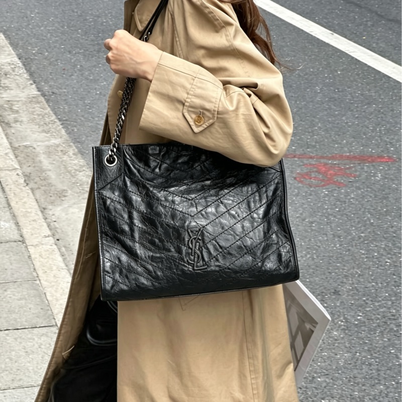 YSL聖羅蘭黑色油蠟皮Niki shopping bag中號托特包單肩手提包-37