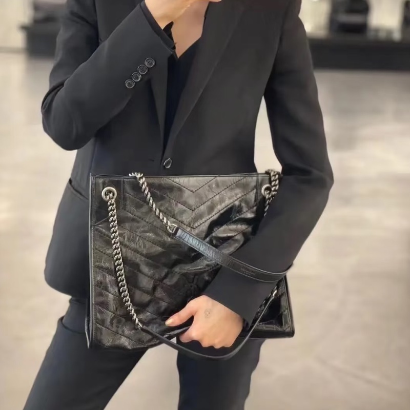 YSL聖羅蘭黑色油蠟皮Niki shopping bag中號托特包單肩手提包-40
