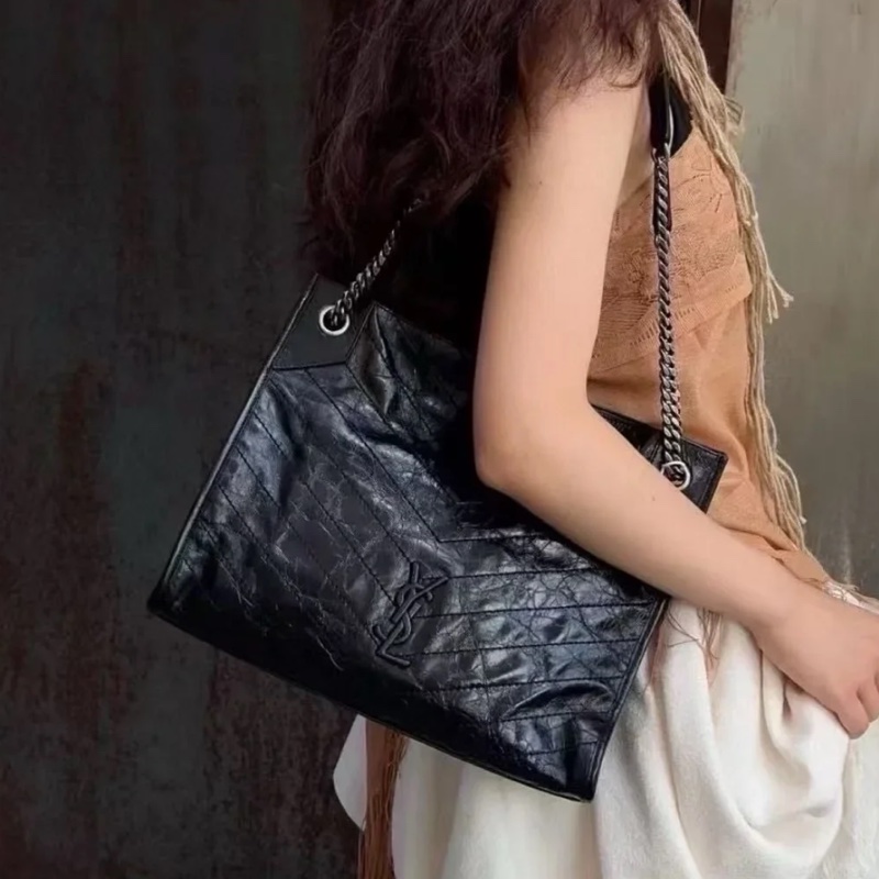 YSL聖羅蘭黑色油蠟皮Niki shopping bag中號托特包單肩手提包-42