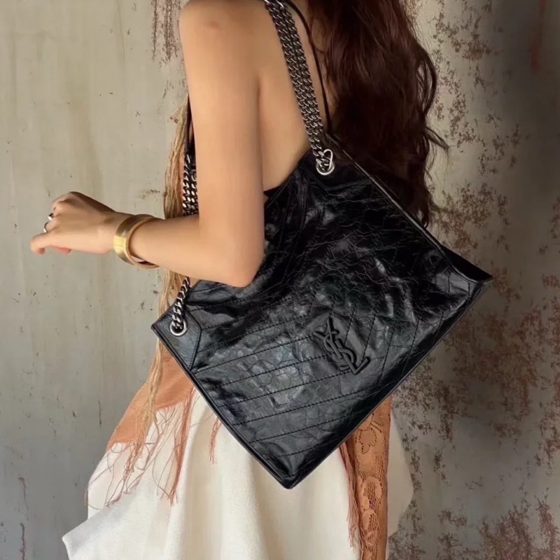 YSL聖羅蘭黑色油蠟皮Niki shopping bag中號托特包單肩手提包-44
