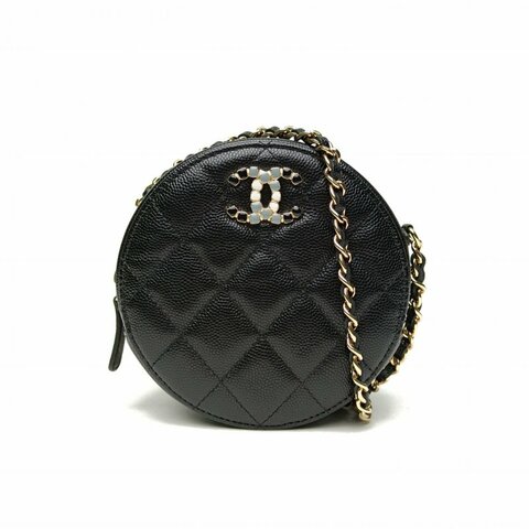 CHANEL 圓餅包黑色牛皮30開琺瑯扣肩背包