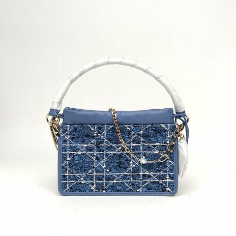DIOR 藍色毛呢淺金扣2024Milly粗花呢藤格紋鏈條包肩背包